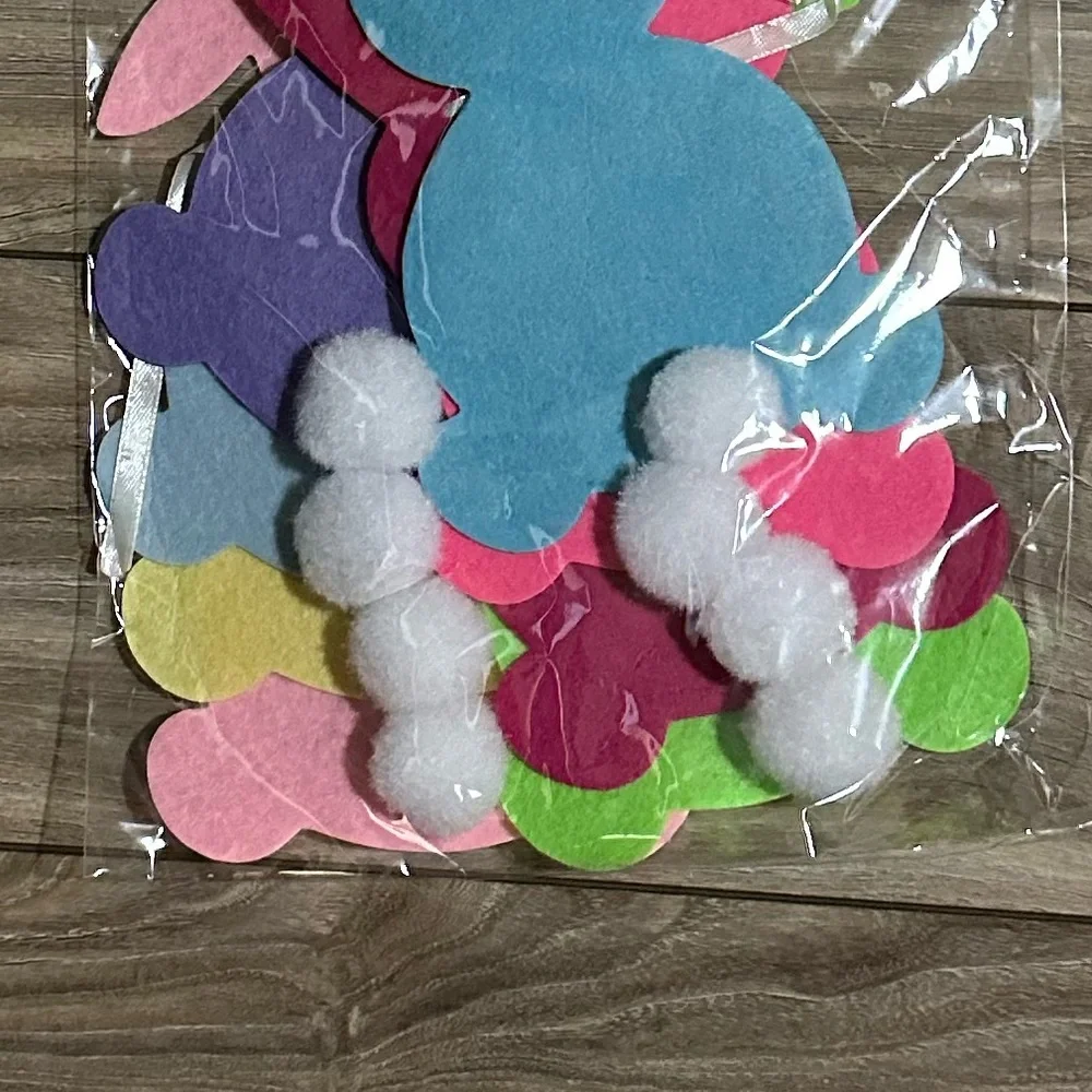 5.9ft Pre-strung Multicolor Felt Easter Bunny Garland Banner with Pom Pom Tails